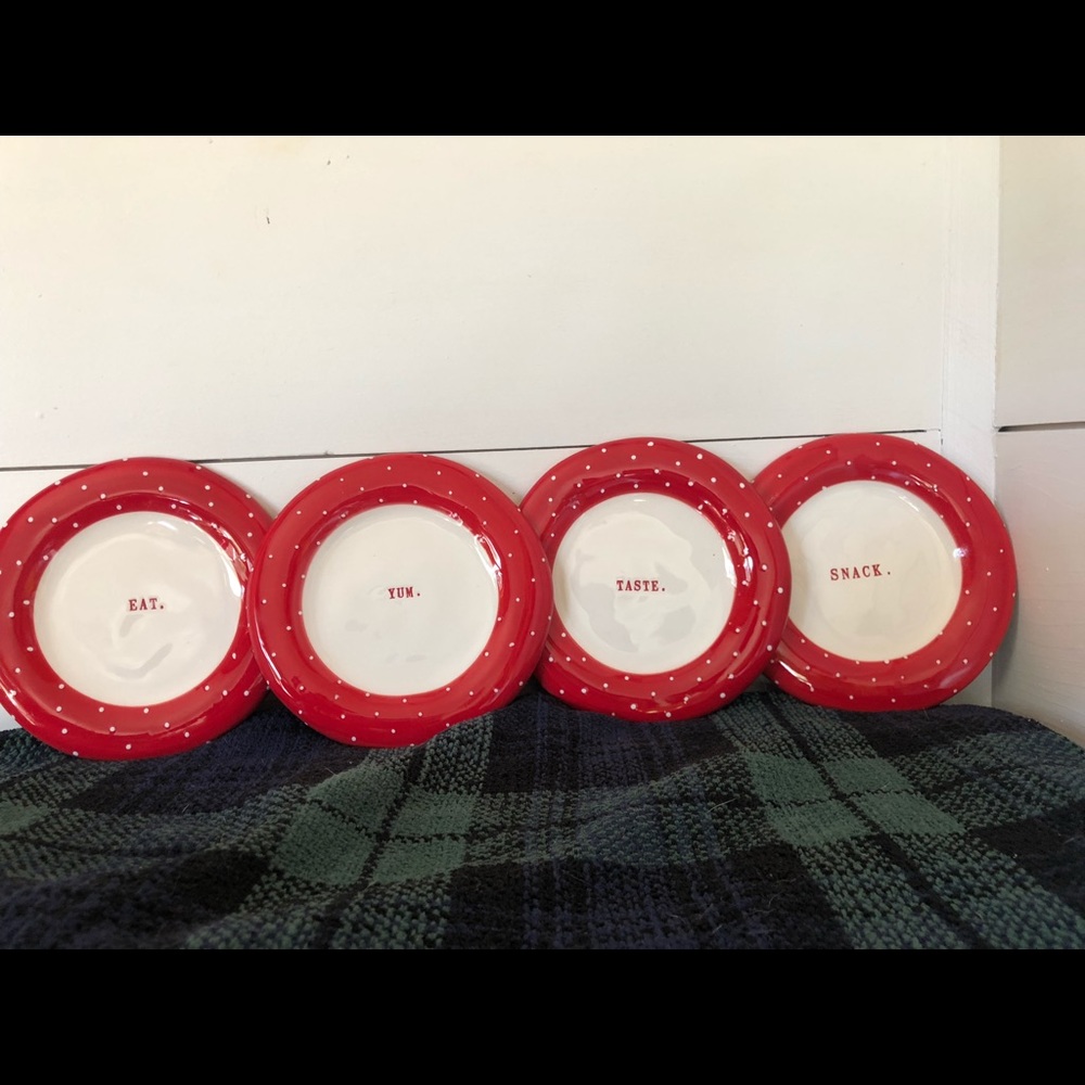 RAE DUNN RED POLKA DOT SAUCER SET OF 4!